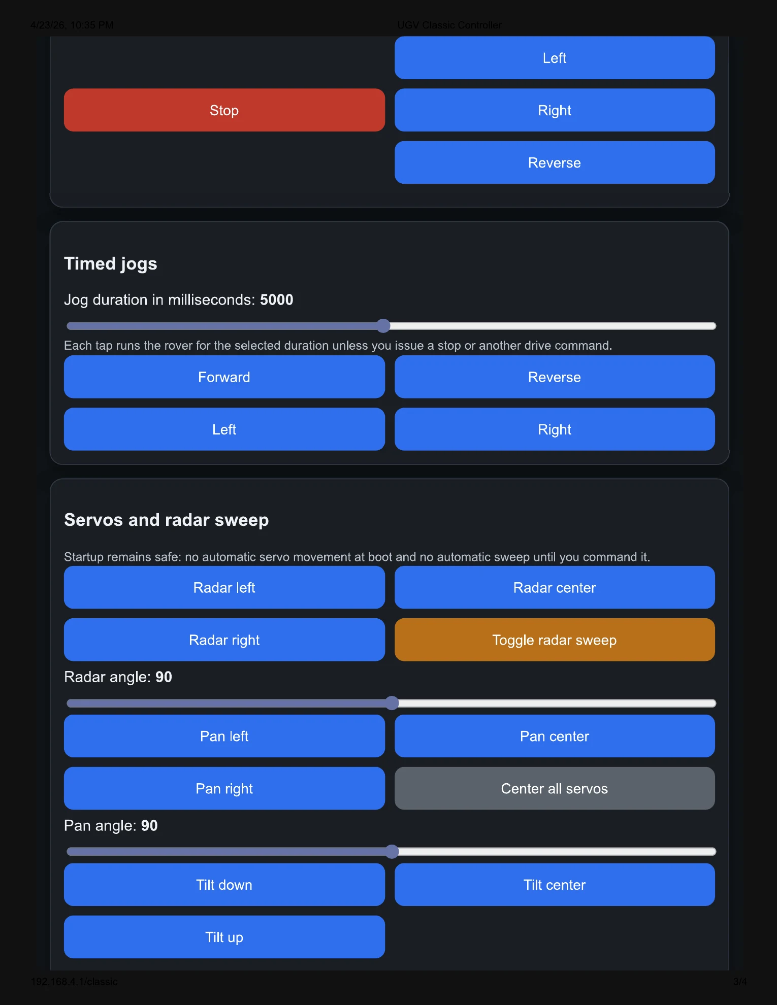 MAG-V classic controller page with timed jog and servo controls