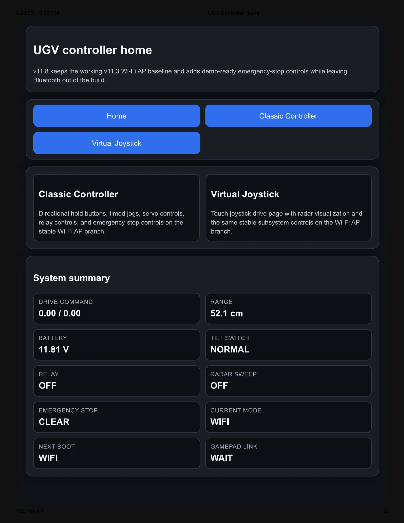 MAG-V web controller home page showing telemetry