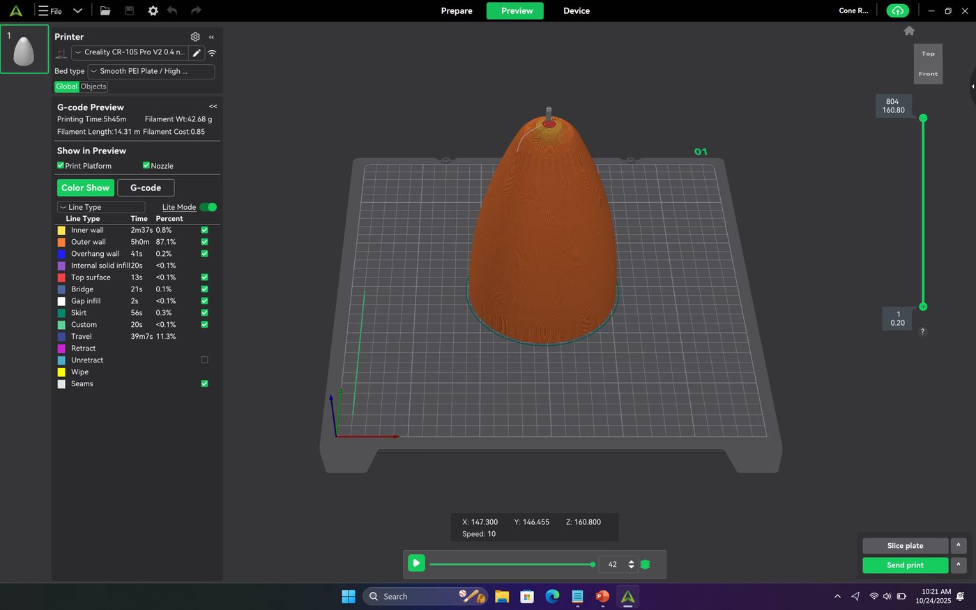 Nose cone print preview in slicer software