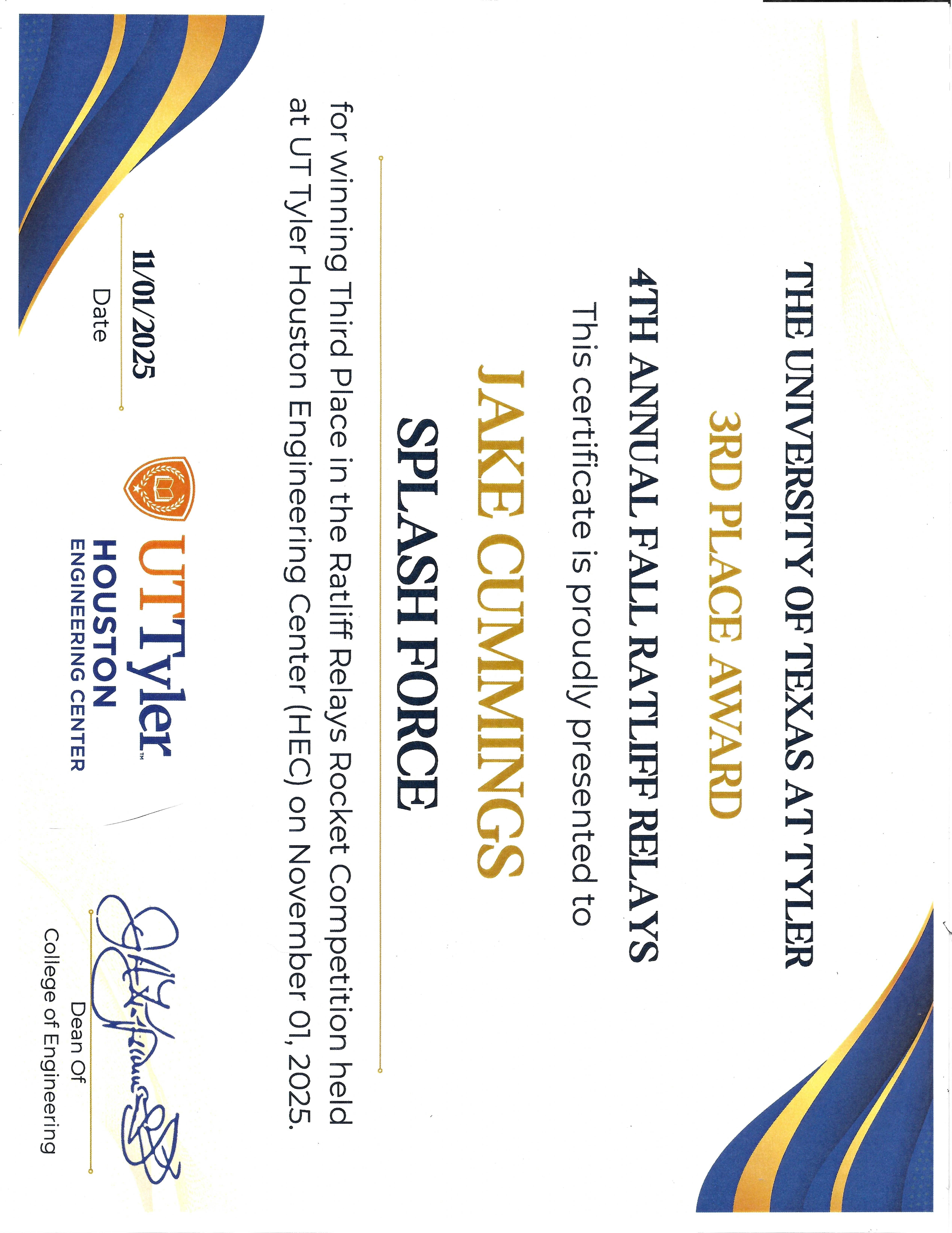 Third-place water rocket competition certificate